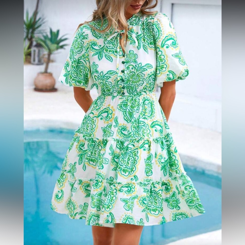 White Dress with Green Paisley Floral Print